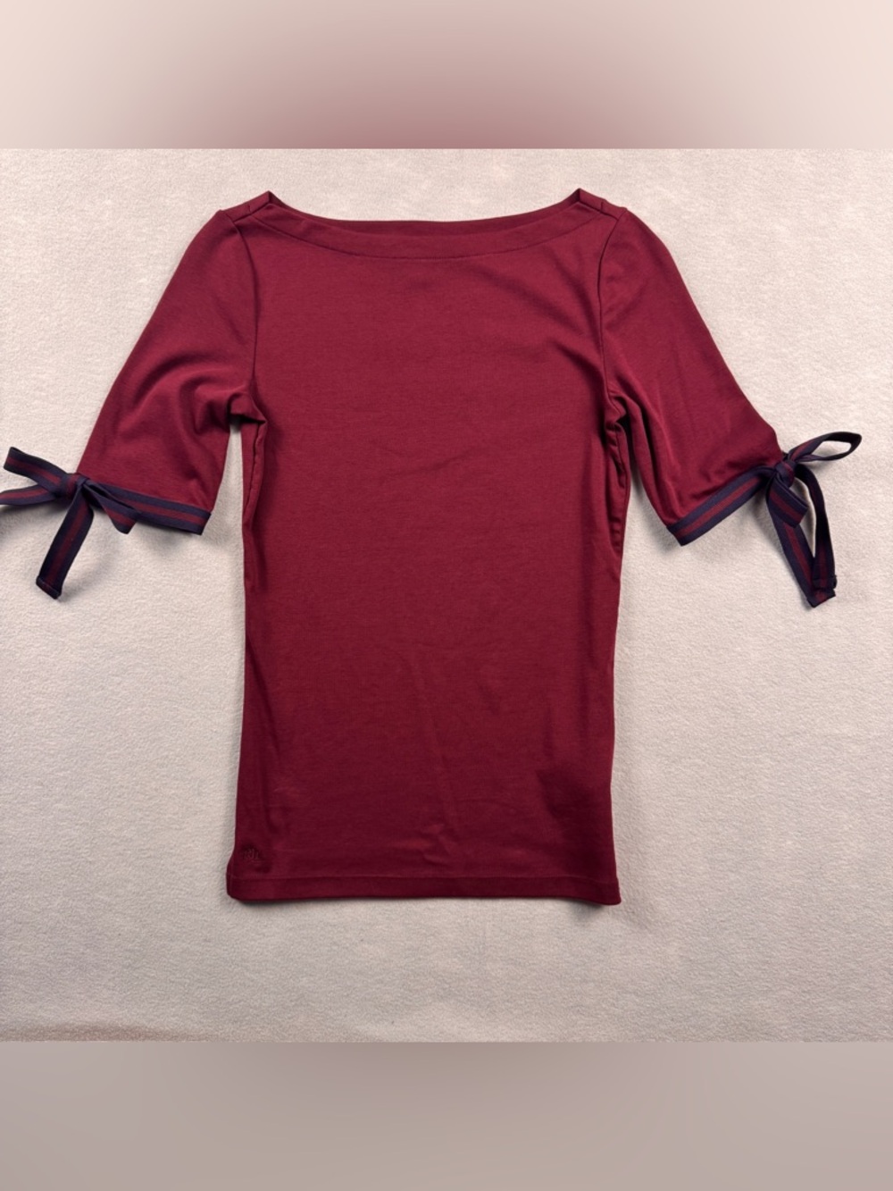 Lauren Ralph Lauren Top Womens XS Maroon Blue Tie Sleeve Nautical Coastal Sailor